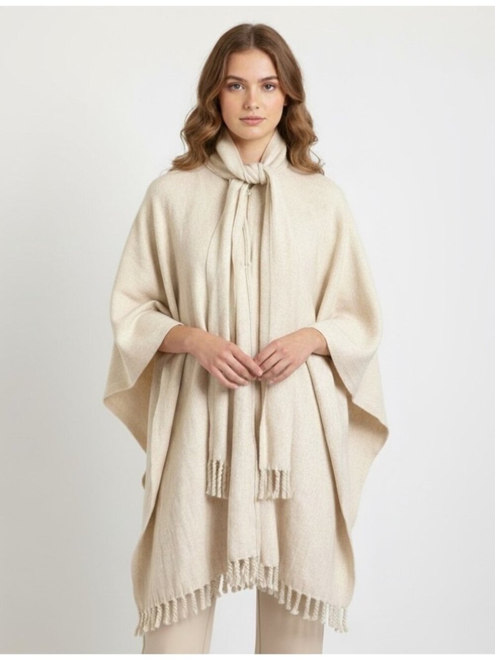 Mexican Ivory Wool Fringed Cape w/ Scarf Coat - O/S, Reversible